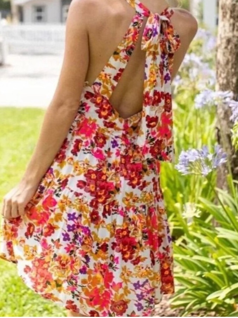 Natural Life Halle Halter Dress M Tiered Floral Pink Orange Boho NWT
